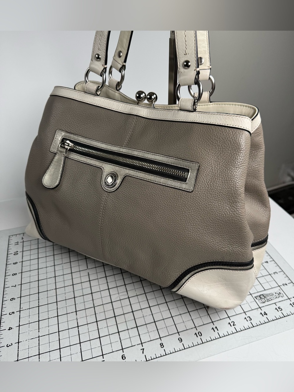 Coach Taupe & Cream Leather Shoulder Bag with Silver Hardware. KISS lock